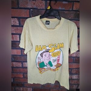 Top half 1987 "ham scam pres. Ronald bacon" political comedy t shirt